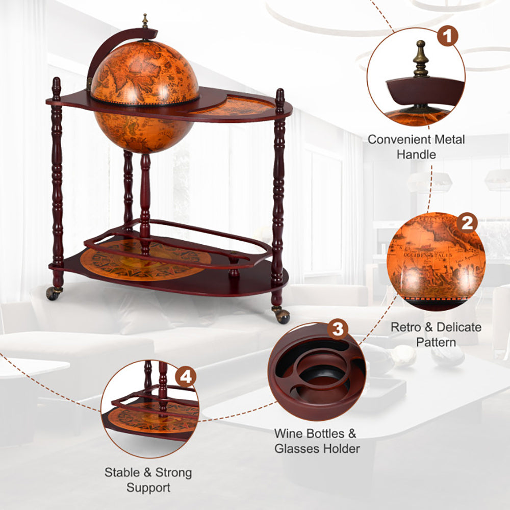 Vintage Globe Rolling Wine Bar Cart With Extra Shelf