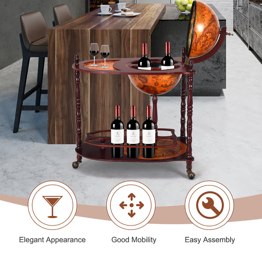 Vintage Globe Rolling Wine Bar Cart With Extra Shelf