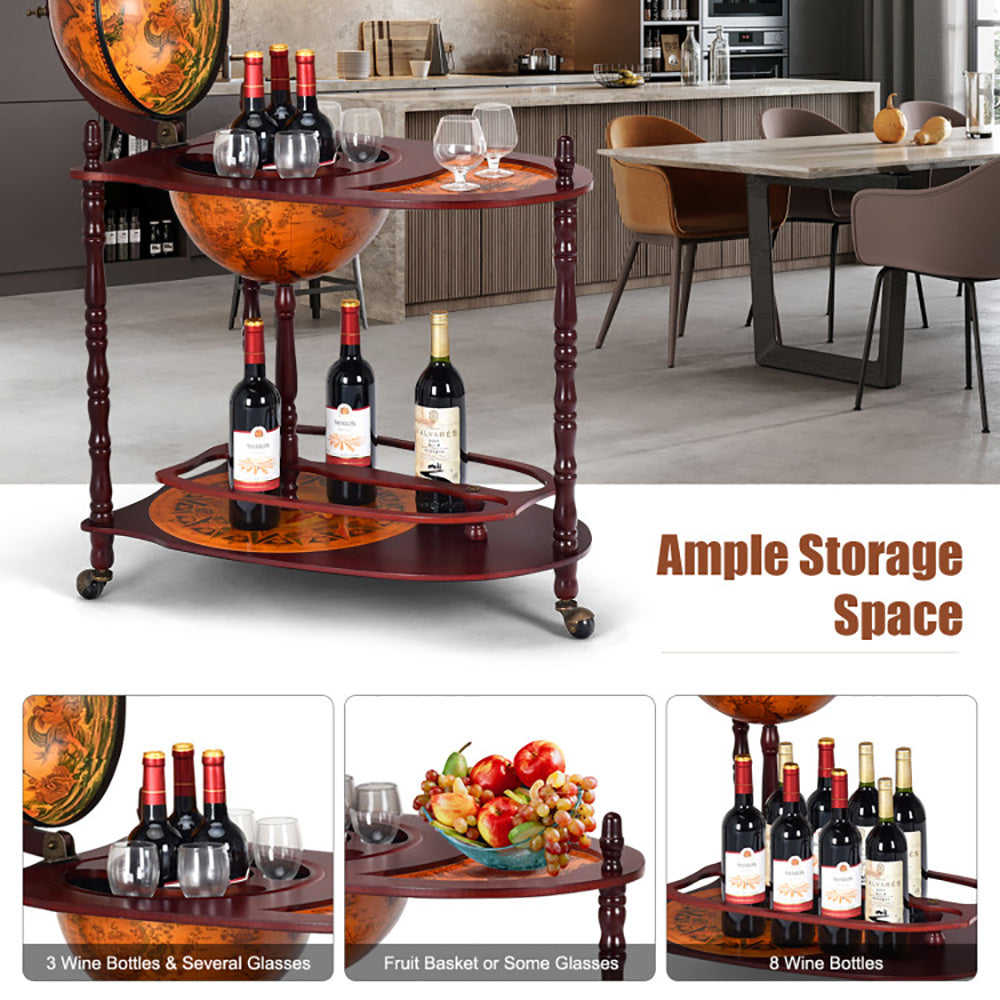 Vintage Globe Rolling Wine Bar Cart With Extra Shelf