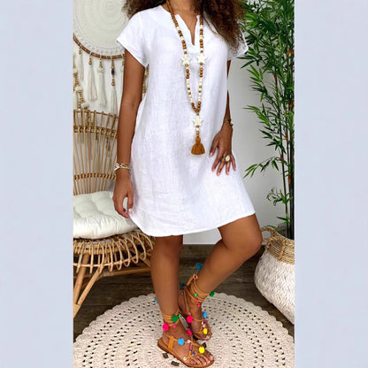 Women's Loose Short-sleeved V-neck Solid Color Fashion Casual Dress