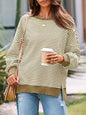Waffle Knitted Long Sleeve Crew Neck Split Pullover Sweater