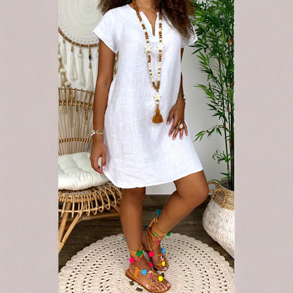 Women's Loose Short-sleeved V-neck Solid Color Fashion Casual Dress