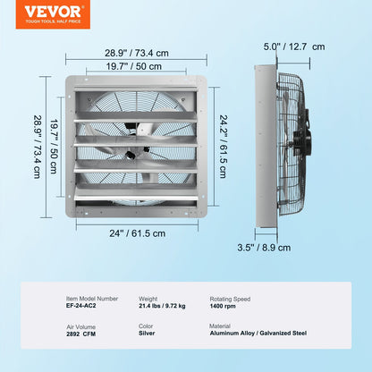 24 Shutter Exhaust Fan, High-speed 3320 CFM, Aluminum Wall Mount Attic Fan With AC-motor, Ventilation And Cooling For Greenhouses, Garages, Sheds, Shops, FCC