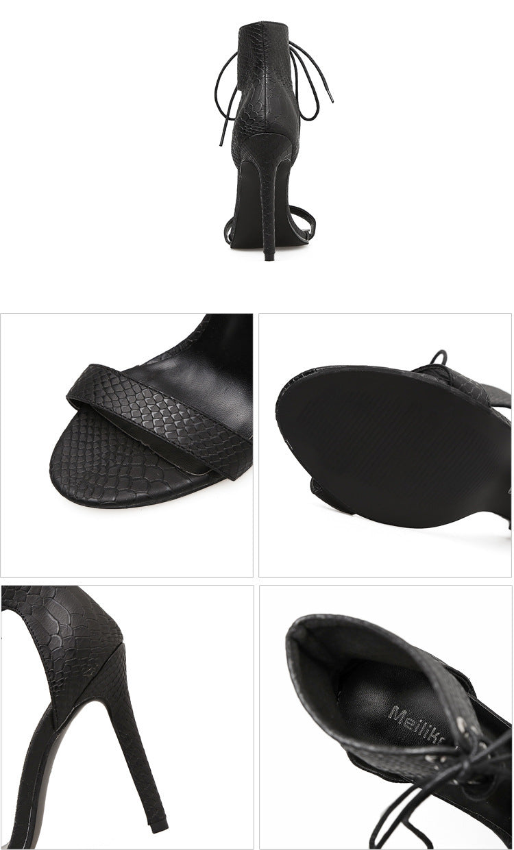 long-term stock women's sandals snakeskin pattern high heels open-toe lace-up women's shoes