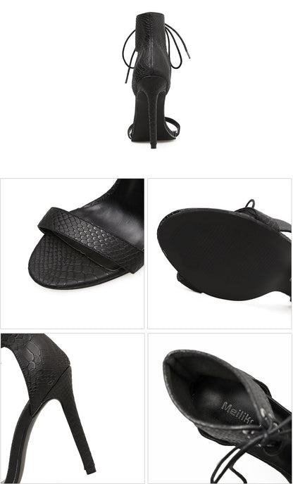 long-term stock women's sandals snakeskin pattern high heels open-toe lace-up women's shoes