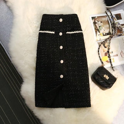High Waist Slimming Breasted Pocket A- Line Slit Skirt