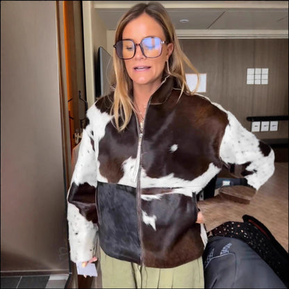 New Cow Pattern Pocket Zipper And Lapel Women's Jacket Coat