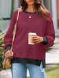 Waffle Knitted Long Sleeve Crew Neck Split Pullover Sweater