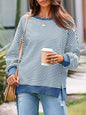 Waffle Knitted Long Sleeve Crew Neck Split Pullover Sweater