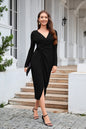 Solid Color V-neck Waist-controlled Slimming Split Long Sleeve Dress