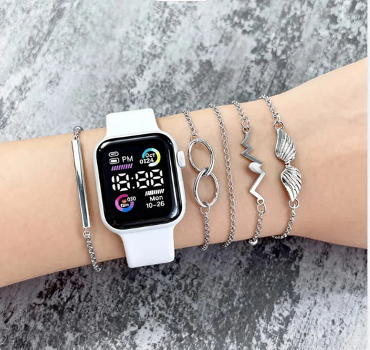 New Couple Ladies' Leisure Fashion Electronic Watch with Luminous Wristwatch + Simple Butterfly Necklace Bracelet Earrings Ring