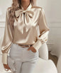 Women's Pure Color Casual Versatile Bow Satin Shirt