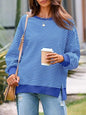 Waffle Knitted Long Sleeve Crew Neck Split Pullover Sweater