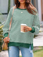 Waffle Knitted Long Sleeve Crew Neck Split Pullover Sweater