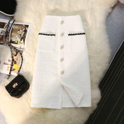 High Waist Slimming Breasted Pocket A- Line Slit Skirt